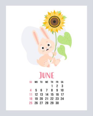 June 2023 calendar. Cute bunny with large yellow flower sunflower. Vector illustration. Vertical Template. Week from sunday In English. A4. rabbit is symbol 2023 year to Chinese zodiac