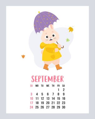September 2023 calendar. Cute bunny under an umbrella, in raincoat and rubber boots with falling autumn leaves. Vector illustration. Vertical Template. Week from sunday. English 