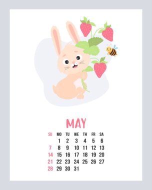 May 2023 calendar. Cute bunny with bouquet of strawberries and funny bee. Vector illustration. Vertical Template. Week from sunday In English. 2023 year rabbit to Chinese zodiac