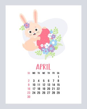 April calendar 2023. Cute easter bunny with easter egg and flowers. Vector illustration. Vertical Template. Week from sunday In English. rabbit is symbol 2023 year