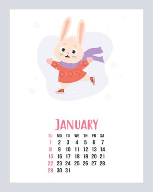 January 2023 calendar. Cute winter bunny skating in knitted sweater and scarf on white background with snowflakes. Vector illustration. Vertical Template. Week from Sunday. English. year of the Rabbit