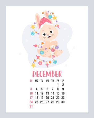 December 2023 calendar. Cute bunny in santa hat with garland and christmas balls. Vector illustration. Vertical Template. Week from sunday In English. rabbit is symbol 2023 year