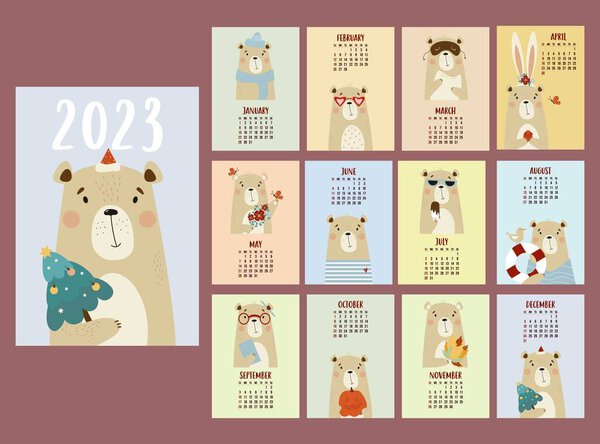 Yearly monthly design calendar for 2023 with cute bear. Set of 12 pages and cover in English. Vector illustration. Vertical template. Week from Sunday. Stationery, planner, organizer with Funny animal