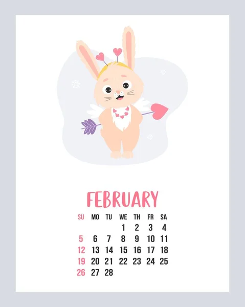 February 2023 Calendar Cute Bunny Cupid Arrow Heart Snowflakes Vector — ストックベクタ