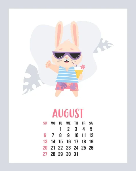 August 2023 Calendar Cute Bunny Beach Shorts Sunglasses Cocktail Vector — Vetor de Stock
