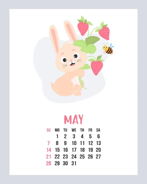 May 2023 Calendar Cute Bunny Bouquet Strawberries Funny Bee Vector — Vettoriale Stock