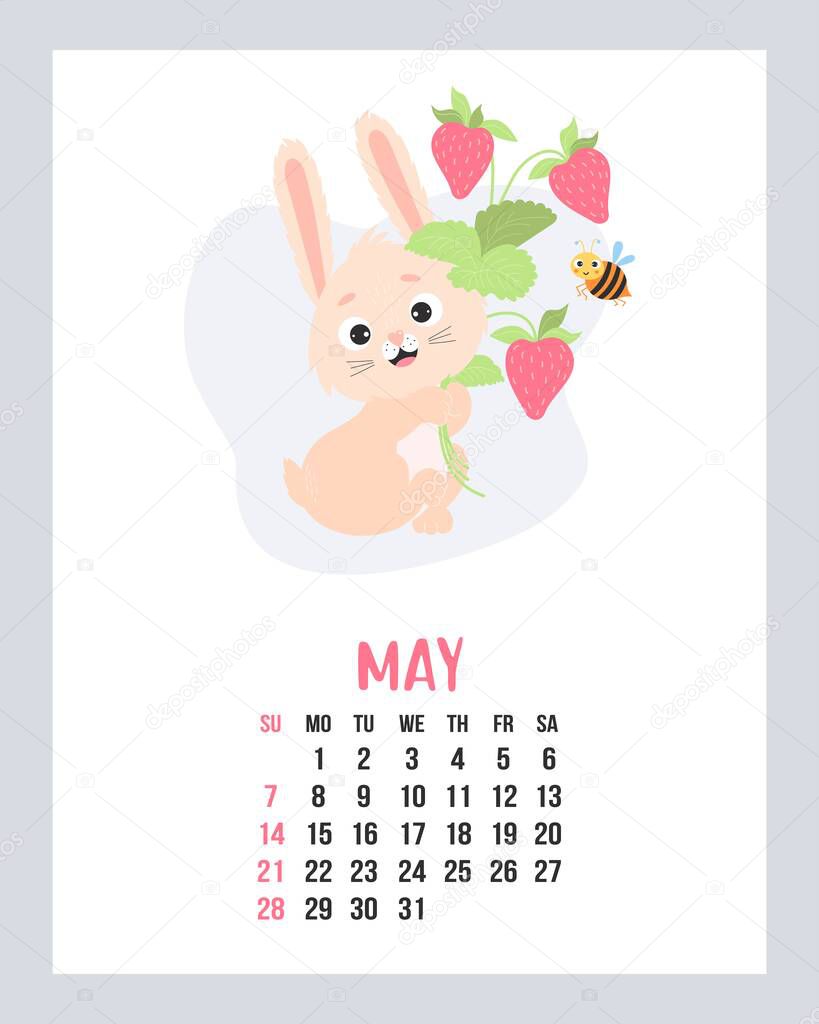 May 2023 calendar. Cute bunny with bouquet of strawberries and funny bee. Vector illustration. Vertical Template. Week from sunday In English. 2023 year rabbit to Chinese zodiac