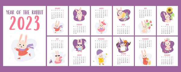 Cute rabbit printable calendar 2023. Vector Vertical planner organizer. Covers and 12 month A4 pages English. Week from Monday. Bunny character mascot symbol year. hare with flowers, Halloween, Easter