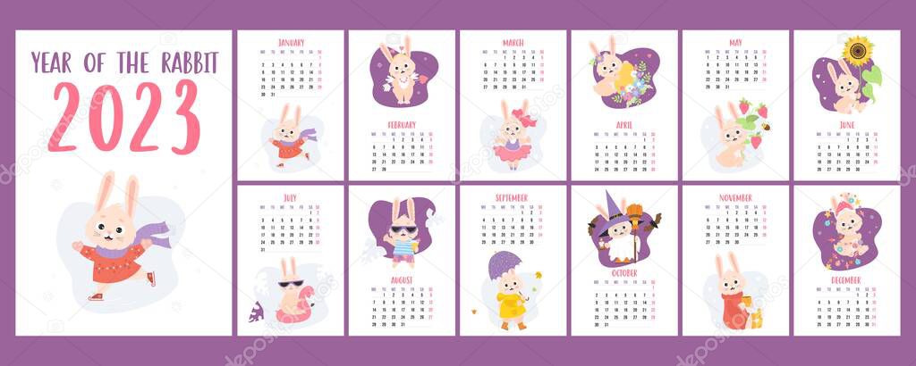 Cute rabbit printable calendar 2023. Vector Vertical planner organizer. Covers and 12 month A4 pages English. Week from Monday. Bunny character mascot symbol year. hare with flowers, Halloween, Easter