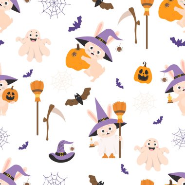 Seamless pattern Halloween. Cute bunny in witchs hat with broom and with Jack Pumpkin, ghost and bats on white background with cobwebs. Vector illustration. Cute halloween background, kids collection