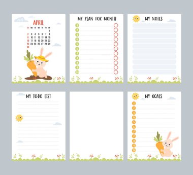 April 2023. Farm calendar for month with cute rabbit gardener and carrots in garden bed. Vector set of vertical page templates planner, to-do list, my plan and notes. Week from Sunday in English