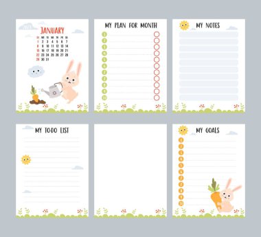January 2023. Farm calendar for month with cute rabbit watering carrots in garden bed. Vector set of vertical page templates planner, to-do list, my plan and notes. Week from Sunday, in English