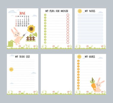 June 2023. Farm calendar for month with cute bunny watering sunflower. Vector set of vertical page, templates planner, to-do list, my plan and notes. Week from Sunday in English. year of rabbit