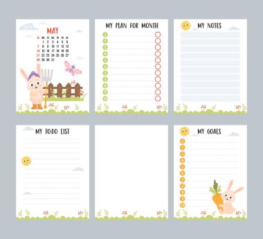 Farm calendar for May 2023 with cute rabbit gardener with pitchfork, wooden fence and butterfly. Vector collection. Vertical template planner, to-do list, my plan and notes. Week from Sunday English