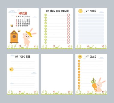 March 2023. Calendar with cute bunny beekeeper in apiary with bees. Vector set vertical page templates planner, to-do list, my plan and notes. Week from Sunday in English. Chinese year rabbit