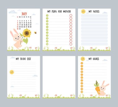July 2023. Farm calendar planner for summer month with cute rabbit with sunflower and bee. Vector set of vertical page a4 templates to-do list, my plan and notes. Week from Sunday in English
