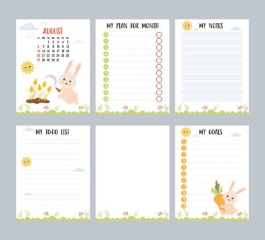 August 2023. Farm calendar planner with cute rabbit with sickle and spikelets, harvesting. Vector set of vertical page templates to-do list, my plan and notes. Week from Sunday in English