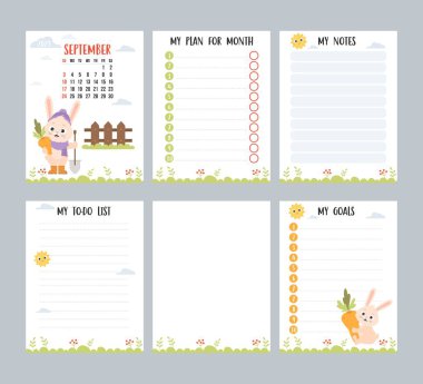 September 2023. Monthly calendar planner with cute rabbit farmer with shovel and carrots, harvesting. Vector set vertical page templates to-do list, my plan and notes. English. Week from Sunda