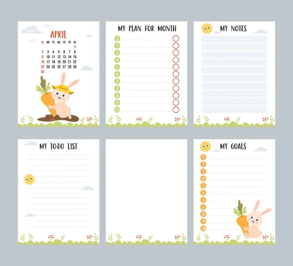 April 2023 Farm Calendar Month Cute Rabbit Gardener Carrots Garden — Image vectorielle