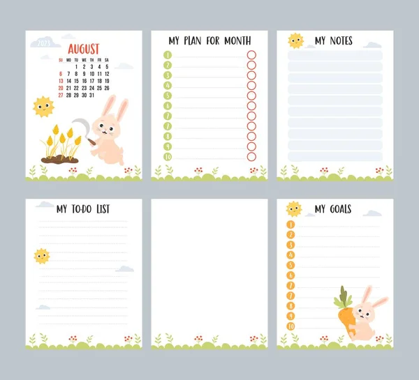 August 2023 Farm Calendar Planner Cute Rabbit Sickle Spikelets Harvesting — Stock Vector