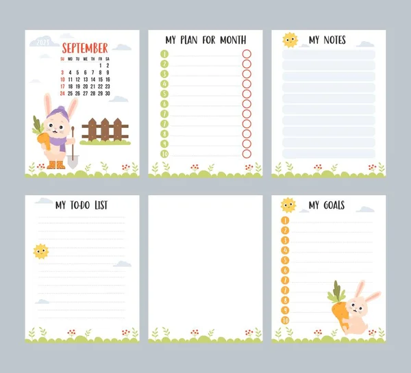 September 2023 Monthly Calendar Planner Cute Rabbit Farmer Shovel Carrots — Vector de stock