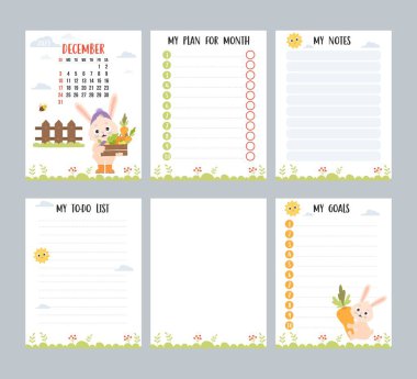 December 2023. Monthly calendar planner with cute rabbit farmer harvesting vegetables. Set vertical page templates to-do list, my plan and notes in English. Week from Sunday. Vector illustration