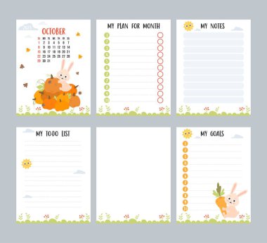 October 2023. Monthly calendar planner with cute bunny gardener on big pile of pumpkin, harvesting. Vector set vertical page templates to-do list, my plan and notes in English. Week from Sunda