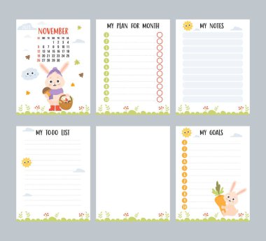 november 2023. Calendar planner with cute rabbit mushroom picker with wicker basket and autumn leaves. Vector set vertical templates to-do list, my plan and notes in English. Week from Sunda