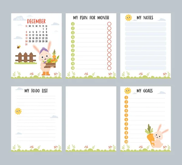 December 2023 Monthly Calendar Planner Cute Rabbit Farmer Harvesting Vegetables — Image vectorielle