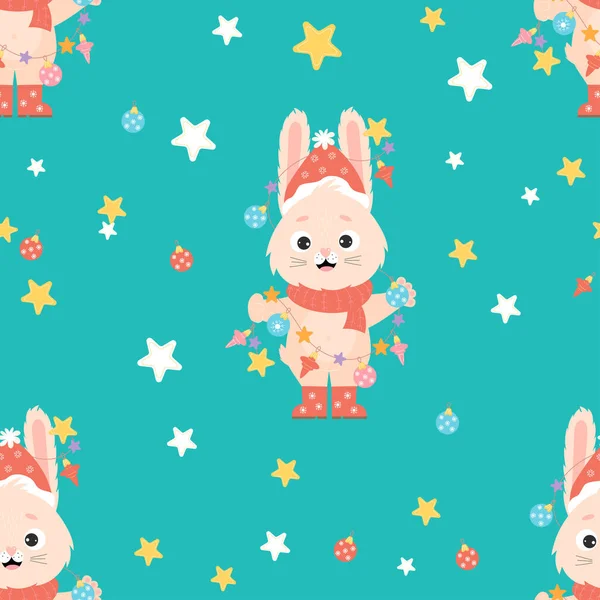 Seamless pattern with cute bunny in santa hat with Christmas garland on an emerald background with stars. Vector illustration. 2023 Year of Rabbit according to Eastern calendar. Childrens collection