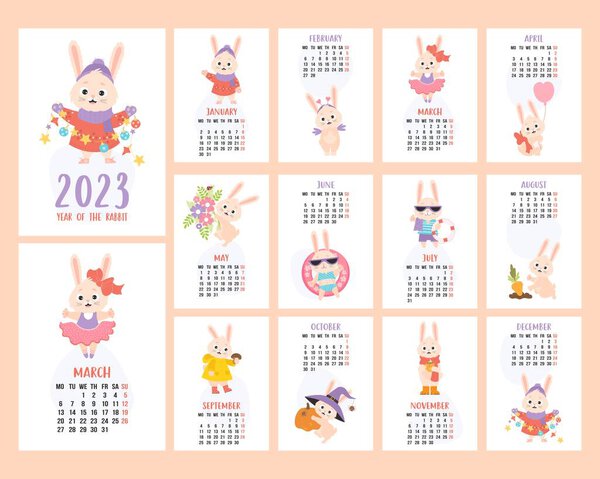 Annual monthly wall calendar for 2023 with mascot Year cute bunny. Collection of 12 vertical a4 pages templates and cover. Vector illustration. Week on Monday in English. Chinese Year of rabbit