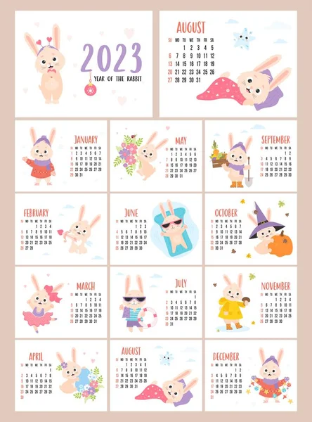 Printable Calendar Rabbit 2023 Planner Organizer Vector Covers Month Horizontal — Wektor stockowy