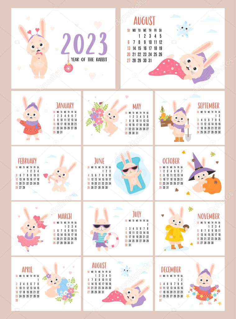 Printable Calendar rabbit 2023. planner organizer. Vector covers and 12 month, horizontal pages. Week from Sunday in English. hare character mascot symbol year. Cute Easter Bunny, Halloween