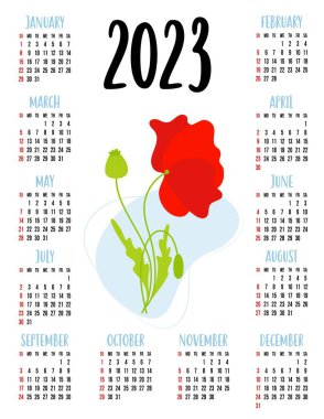 Calendar for 2023 with beautiful red poppy flower. Vector illustration. Vertical calendar template for 12 months in English. Week starts on Sunday. Stationery, printing, organizer, decor