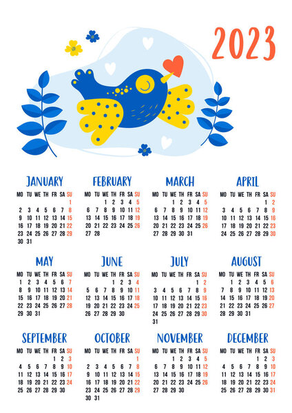 Calendar for 2023 with cute decorative yellow-blue bird dove with heart. Vector illustration. Vertical template for 12 months in English. week starts on Monday. Stationery, printing, organizer, decor