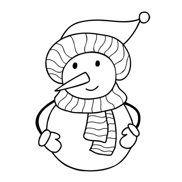Cute Snowman Knitted Hat Scarf Vector Linear Hand Drawn Doodle — Stok Vektör