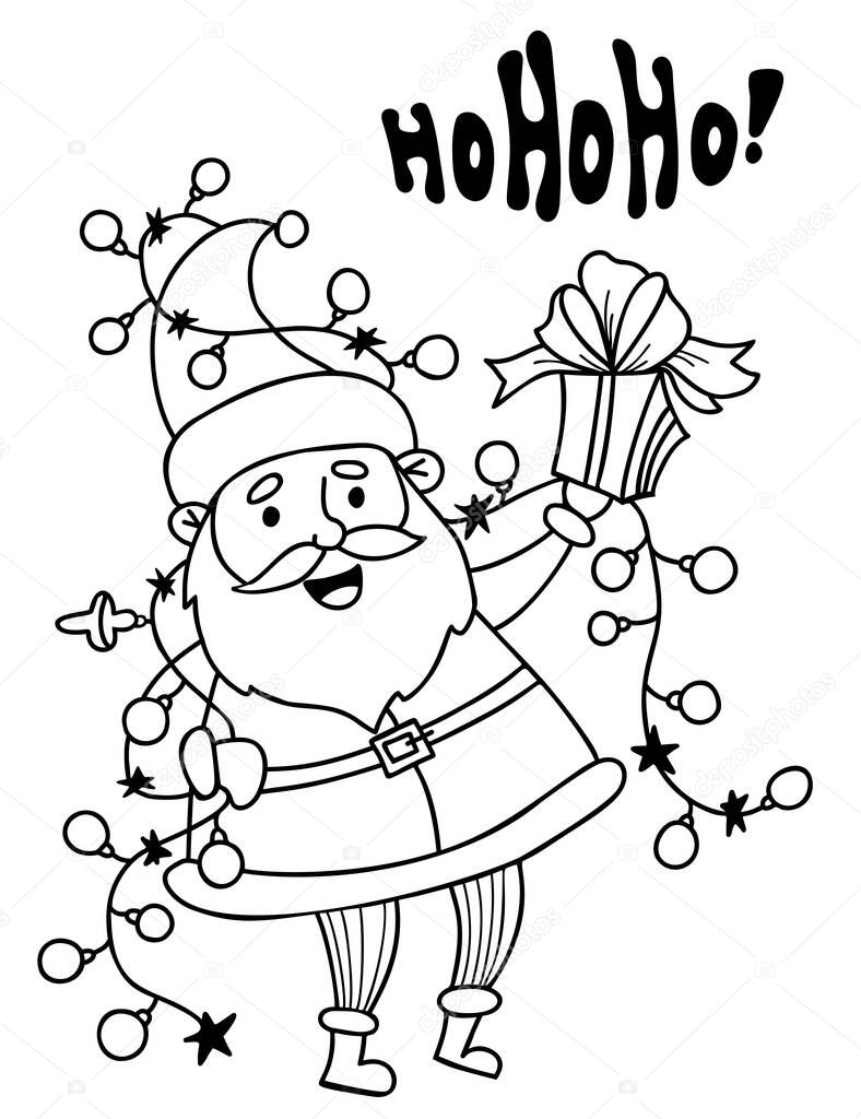Father christmas cartoon. Cute old Santa Claus with garland, Christmas balls and box with gift. Vector illustration. Linear hand drawing, doodle