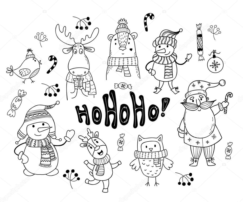 Set Christmas cartoon characters doodle. Old man Santa Claus, snowman, an owl and bear in knitted scarf and hat, an elk, bird and Christmas balls and caramel stick. Isolated Vector hand drawings