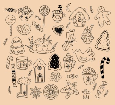 Set doodles Christmas food and decor. Gingerbread house, gingerbread and caramel stick, cinnamon and citrus, cream dessert and candy lollipops. Isolated vector linear hand drawn for New Years decor