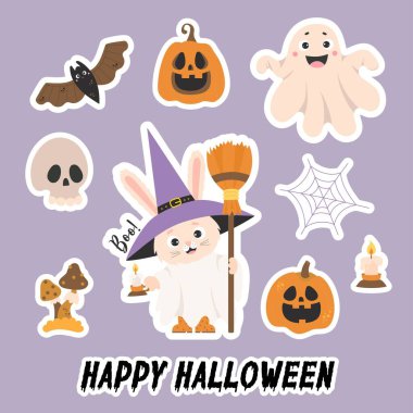 Happy Halloween stickers. Cute rabbit ghost character in witch hat with broom and candle, pumpkin lantern Jack, cobweb, bat, skull and fly agaric mushrooms. Isolated vector elements for decor, design