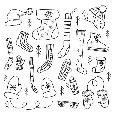 Winter knitted clothes, skates, knitted socks, mittens and hat, Santa hat and Christmas boot with snowflake. Vector linear hand drawn doodles. Isolated drawings for design, decor and cards.
