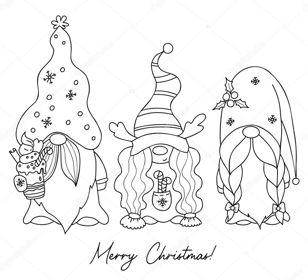 Christmas Scandinavian gnomes. New year gnome with creamy dessert and gnome girl with deer antlers and caramel stick. Linear hand drawing. Vector illustration. Isolated characters for decoration
