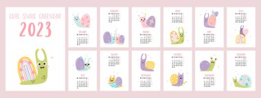 Yearly calendar 2023 template with cute decorative snails on white background. Vertical set of 12 pages and cover in English. Vector. Week from Monday. Stationery, desk and wall flip calendar.