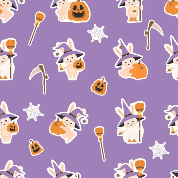 Seamless Pattern Halloween Stickers Cute Rabbit Witch Hat Broom Pumpkin — Stock Vector