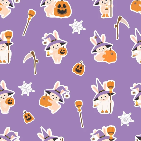 Seamless pattern Halloween. Stickers cute rabbit in witch hat with broom, Pumpkin Jack, witchs scythe and ghost on purple background with cobwebs. Vector illustration. Cute Halloween background