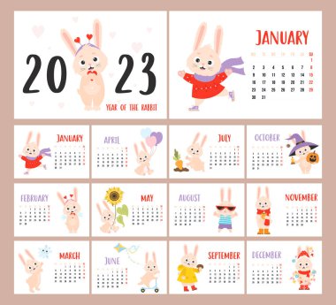 Annual monthly calendar 2023 with cute rabbit, Easter bunny, halloween. Planner organizer 12 A4 horizontal templates and covers. Vector illustration. Week on Monday in English. mascot Year of rabbit