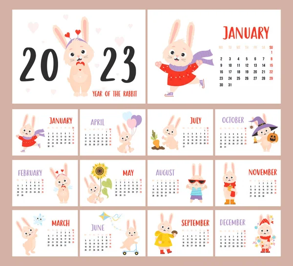 Annual Monthly Calendar 2023 Cute Rabbit Easter Bunny Halloween Planner — Archivo Imágenes Vectoriales