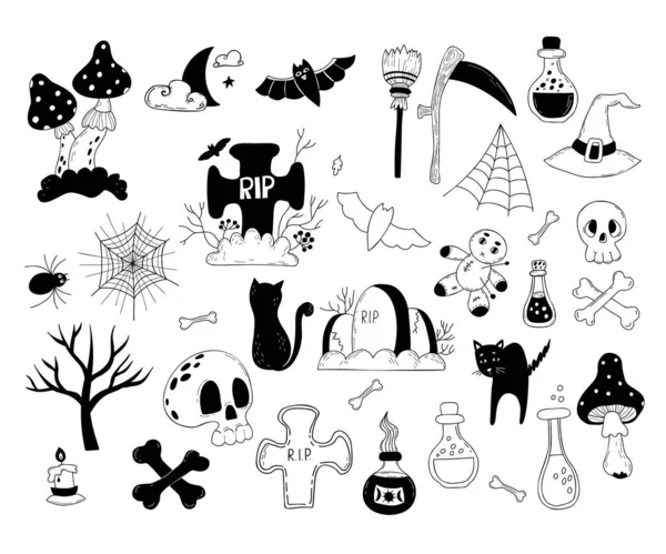 Magic doodles collection. Mystical and ritual objects, bat and moon, black cat, cobweb, grave, graveyard, skull with bones, voodoo doll, potion and fly agaric, scythe and broom. Vector linear drawn