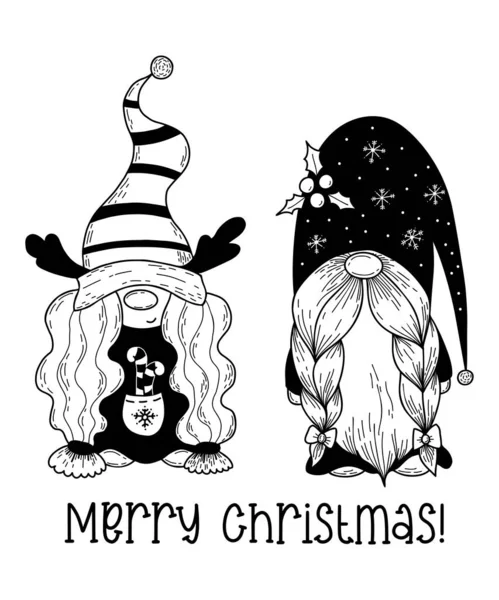 Pair Christmas Scandinavian Gnomes Cute Character Gnome Girl Gnome Deer — 图库矢量图片