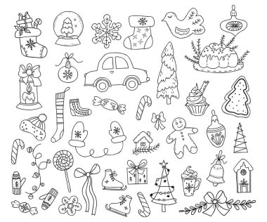 Noel vektörü karalamaları. Yeni yıl dekoru, hediyeler, Noel çorabı, araba, Noel ağacı, çelenk, eldiven, çan, zencefilli ekmek, karamel çubuğu, turta ve patenler. İzole edilmiş doğrusal el çizimi.